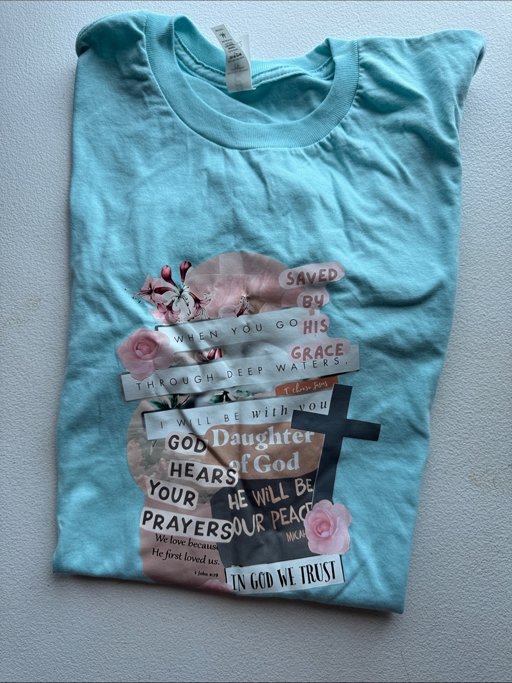 Tultex Light Blue Christian Graphic Tee with Floral Cross